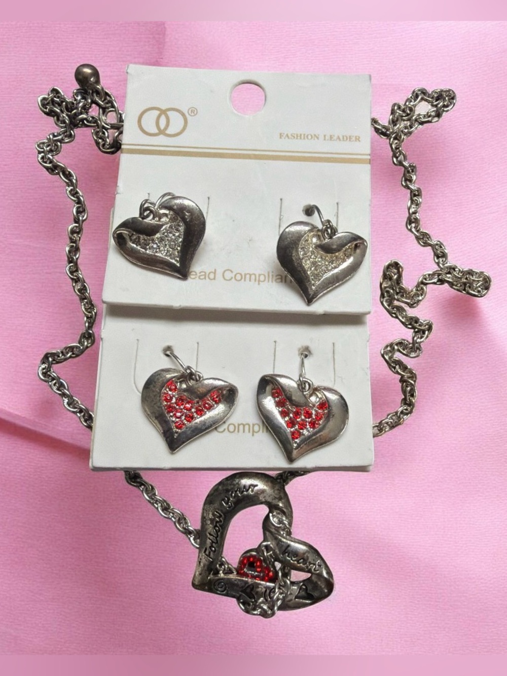 Silver tone Heart Pendant Necklace with 2 Pair of Matching Earrings - Picture 2 of 2